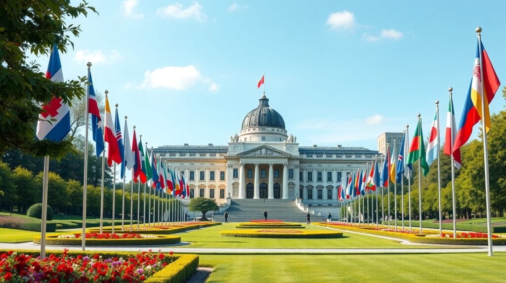 Az ENSZ Palota belépője Genfben, nemzetközi zászlók között.