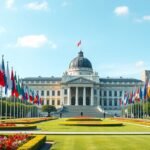 Az ENSZ Palota belépője Genfben, nemzetközi zászlók között.