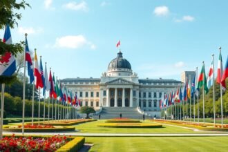 Az ENSZ Palota belépője Genfben, nemzetközi zászlók között.