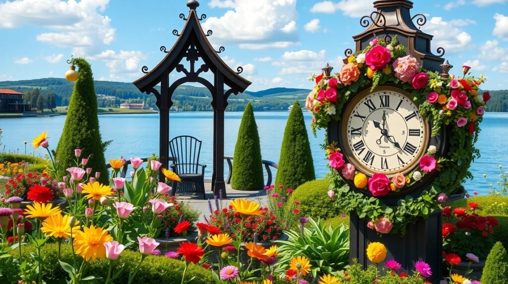 Genfi Angolkert virágokkal és híres Virágóra a tóparton.