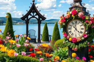 Genfi Angolkert virágokkal és híres Virágóra a tóparton.