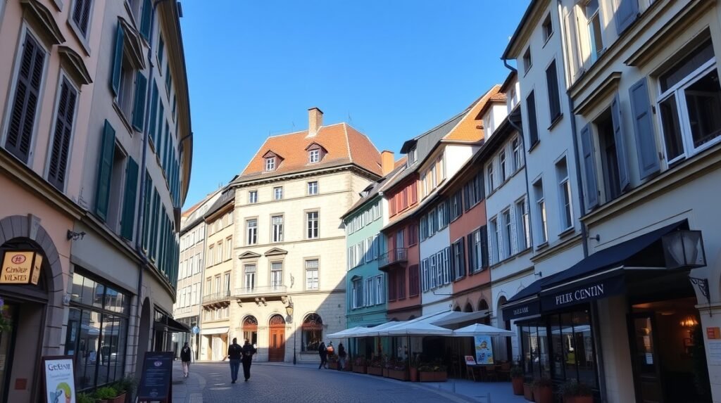 A csodás macskaköves utca Genf Óvárosában, hangulatos épületekkel.