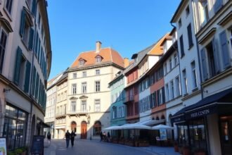 A csodás macskaköves utca Genf Óvárosában, hangulatos épületekkel.