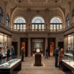 Patek Philippe Óramúzeum belső tere, látogatók a kiállításon