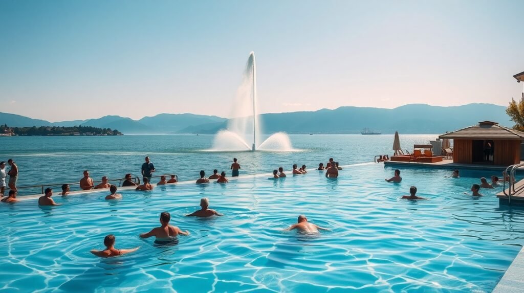 Bains des Pâquis fürdő a Genfi-tó partján, naplementés panorámával.