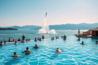 Bains des Pâquis fürdő a Genfi-tó partján, naplementés panorámával.