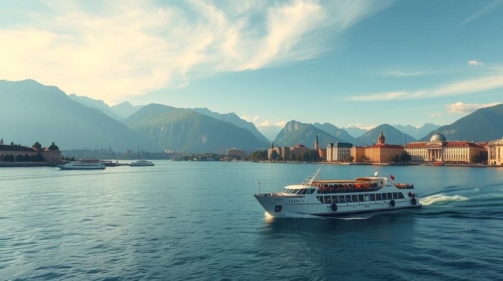 Hajókázás a Genfi-tavon, gyönyörű hegyekkel a háttérben