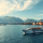 Hajókázás a Genfi-tavon, gyönyörű hegyekkel a háttérben