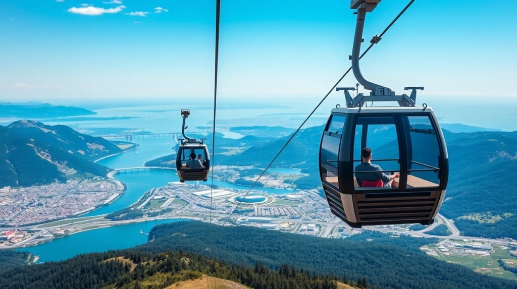 Libegő a Mont Salève hegyen, lenyűgöző kilátással Genfre és az Alpokra.