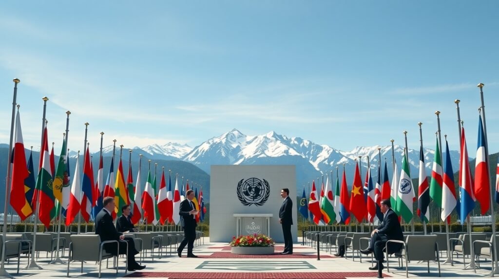 Diplomáciai találkozó Genfben a világ zászlóival a háttérben.