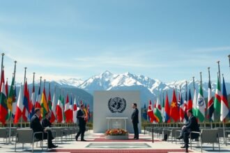 Diplomáciai találkozó Genfben a világ zászlóival a háttérben.