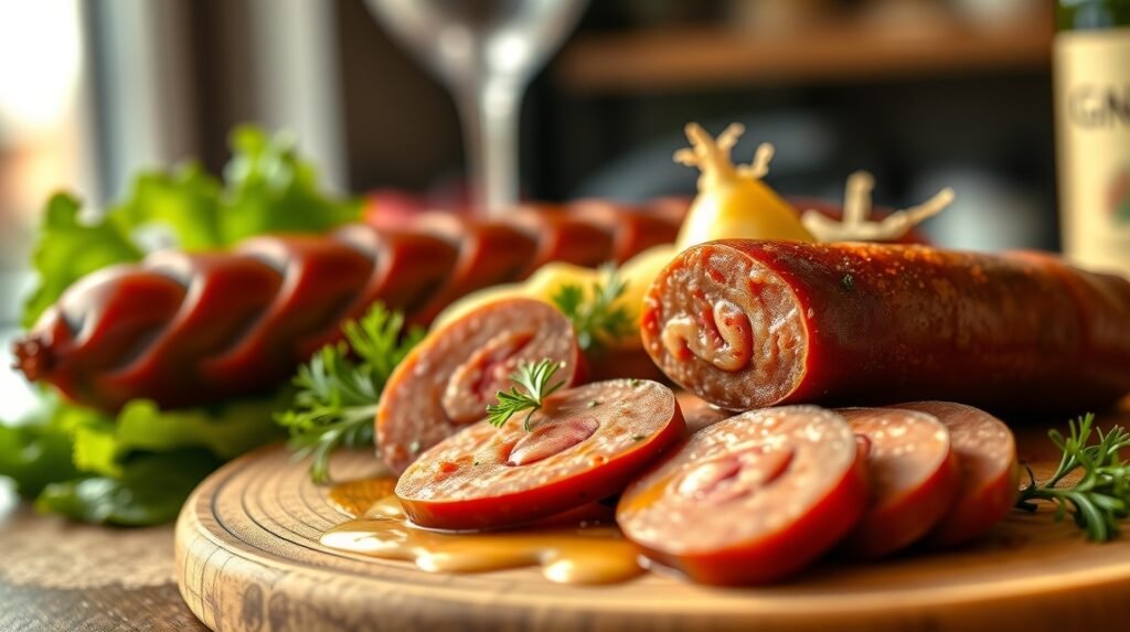 Longeole kolbász és gratinírozott cardon zöldség Genfből