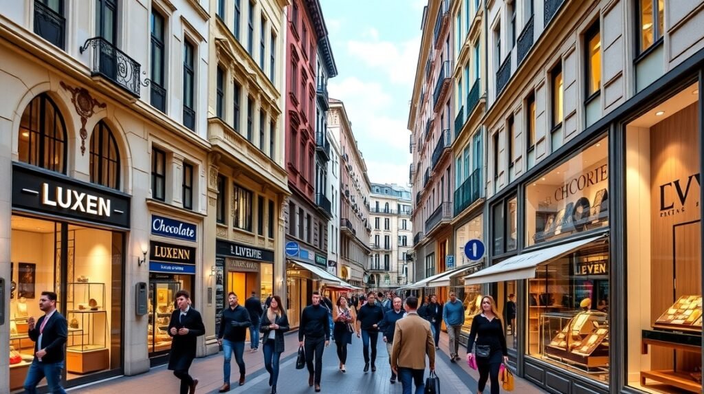 Sétáló utca Genfben, Rue du Rhône, luxusboltok és csokoládéüzletek.