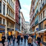 Sétáló utca Genfben, Rue du Rhône, luxusboltok és csokoládéüzletek.