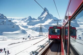 Gornergrat vasút a svájci hegyekben, a Matterhorn kilátással.