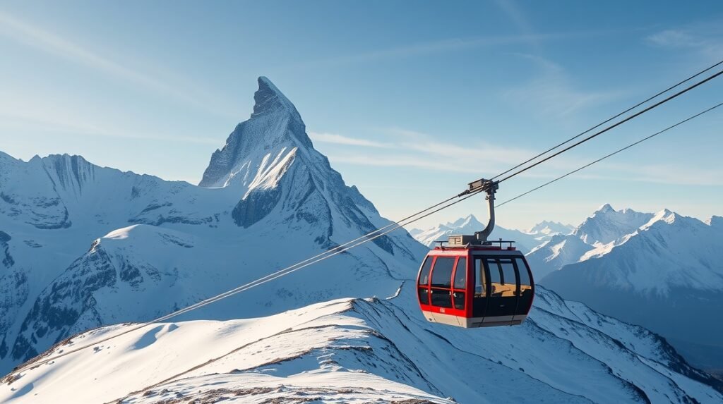 Zermatt Matterhorn Glacier Paradise felvonó a hófödte hegyek között