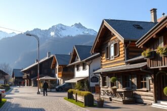 Hinterdorf régi faházai Zermattban, háttérben a hegyekkel.