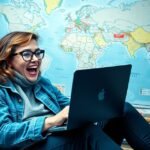 Boldog nő, aki laptopon néz repülőjegy árakat egy világ térkép előtt.