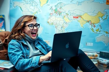 Boldog nő, aki laptopon néz repülőjegy árakat egy világ térkép előtt.