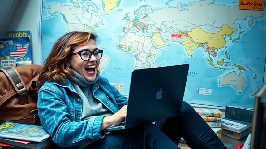Boldog nő, aki laptopon néz repülőjegy árakat egy világ térkép előtt.