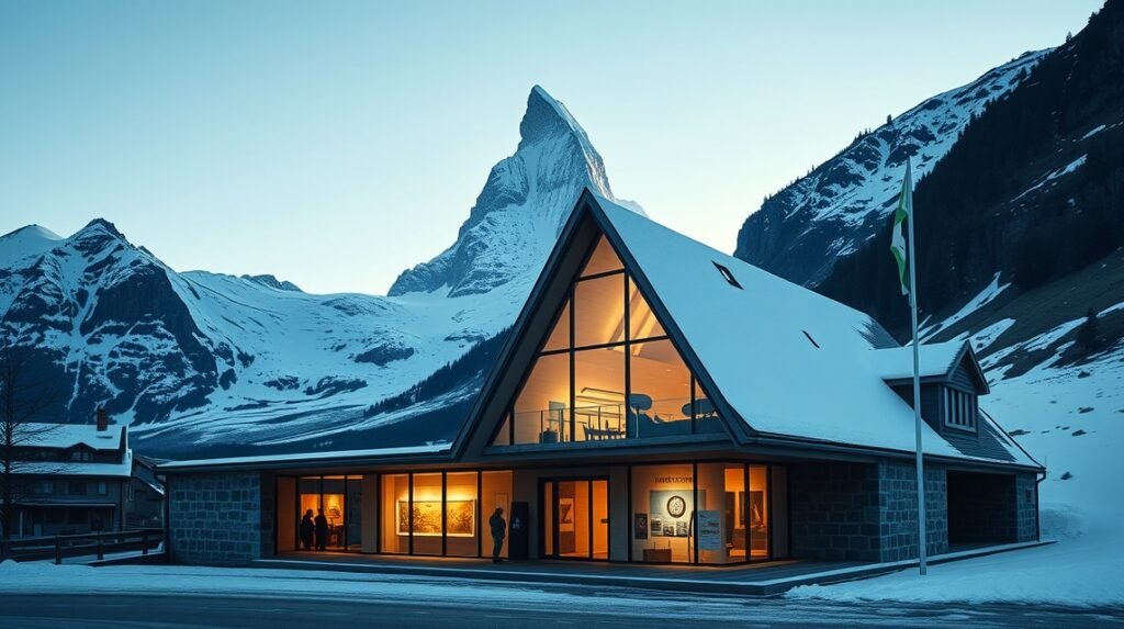 A Matterhorn Múzeum épülete Zermattban, hóval borított hegyek között.