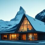 A Matterhorn Múzeum épülete Zermattban, hóval borított hegyek között.