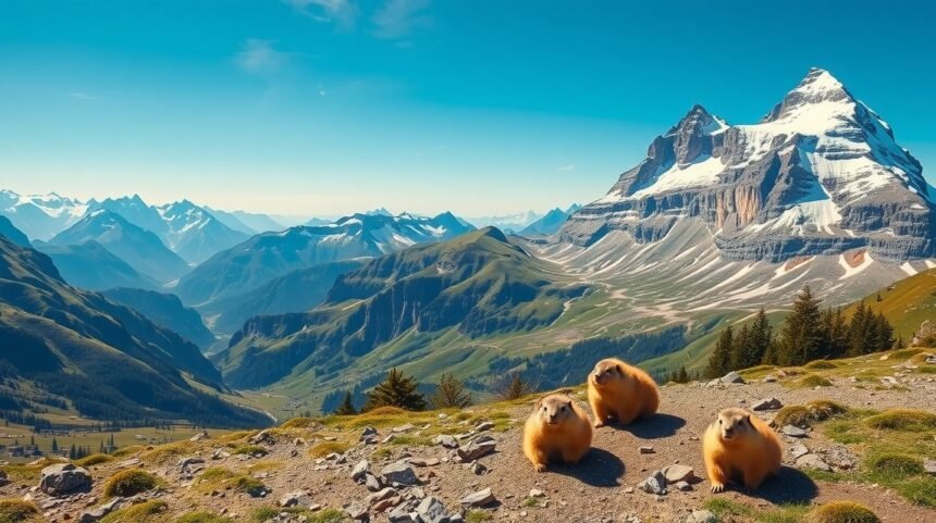 Mormoták a Zermatt közelében található Sunnegga-területen, háttérben a hegyek.