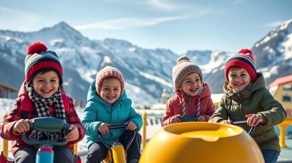 Gyermekek játszanak a Wolli élményparkban Zermattban lenyűgöző hegyi háttérrel