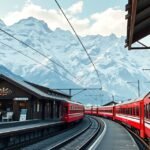 Glacier Express vonat Zermatt állomásán a hegyek között