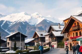Zermatti városkép a svájci Alpokban, hóval borított hegyek háttérrel.