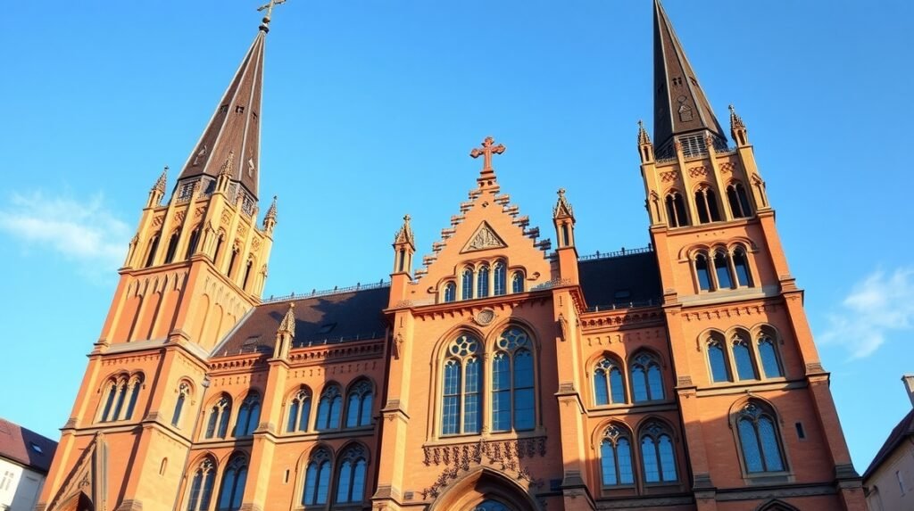 A Basler Münster gótikus székesegyház vörös kövei a kék égből