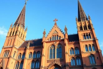 A Basler Münster gótikus székesegyház vörös kövei a kék égből