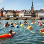 Emberek úsznak a Rajnában Bázel városában színes Wickelfisch-ökkel.