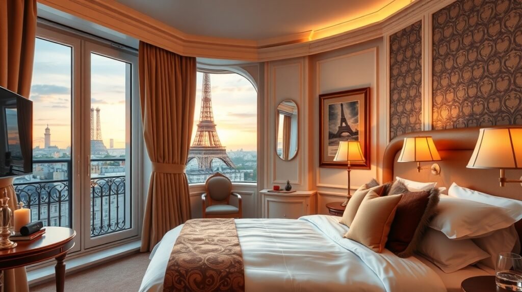 Luxus szoba Párizsban, Eiffel-toronnyal a háttérben