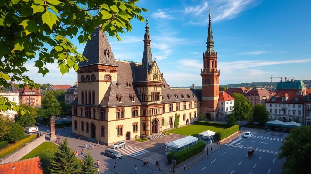 A Basel városkapu képe zöld fákkal és kék éggel.