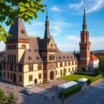 A Basel városkapu képe zöld fákkal és kék éggel.