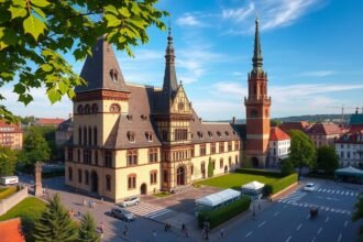 A Basel városkapu képe zöld fákkal és kék éggel.