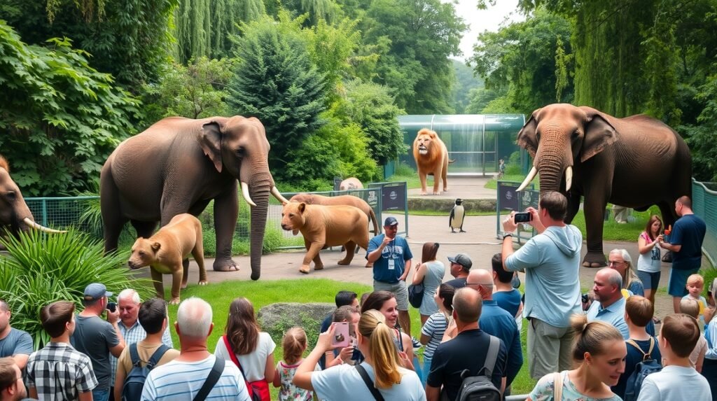 Bázeli Állatkert látogatói elefántok és oroszlánok között
