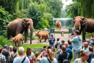 Bázeli Állatkert látogatói elefántok és oroszlánok között
