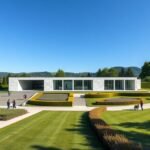 A Fondation Beyeler épülete és szoborparkja napfényben Riehen közelében.