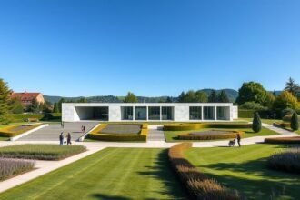 A Fondation Beyeler épülete és szoborparkja napfényben Riehen közelében.