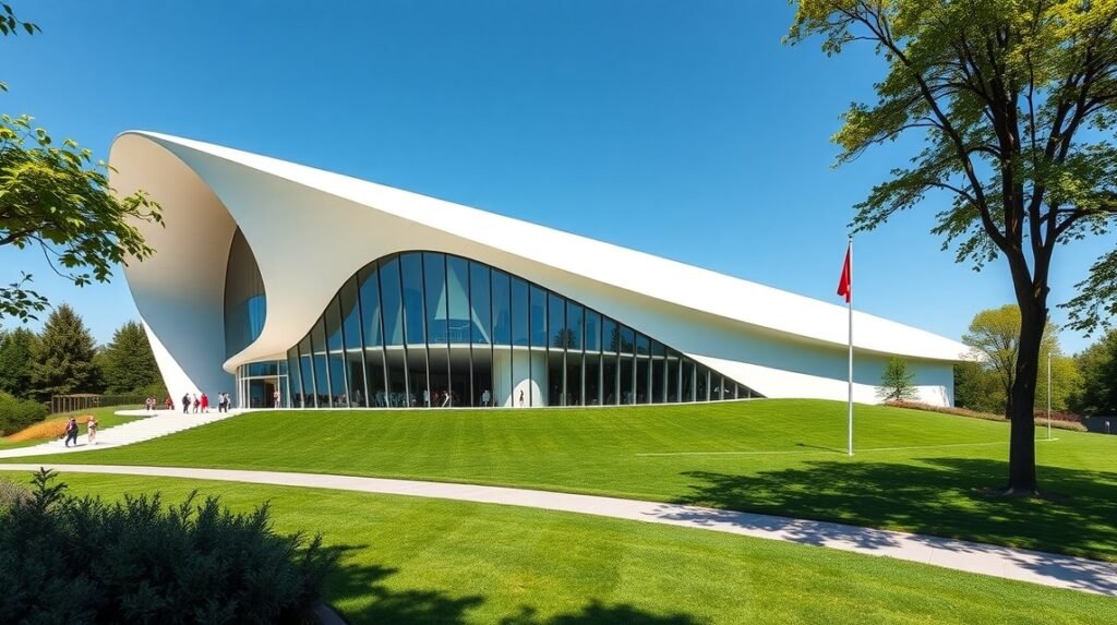 A Vitra Design Múzeum modern épülete Weil am Rheinben, Svájcban.