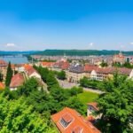 Kilátás Bázel városára a Pfalz teraszról, Rajnával és óvárossal