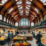 Markthalle gasztropiac Bázelben, friss termékek és élénk hangulat.