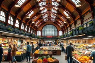 Markthalle gasztropiac Bázelben, friss termékek és élénk hangulat.