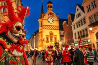 A Basler Fasnacht karneválja színes jelmezekben, Bázel utcáján.