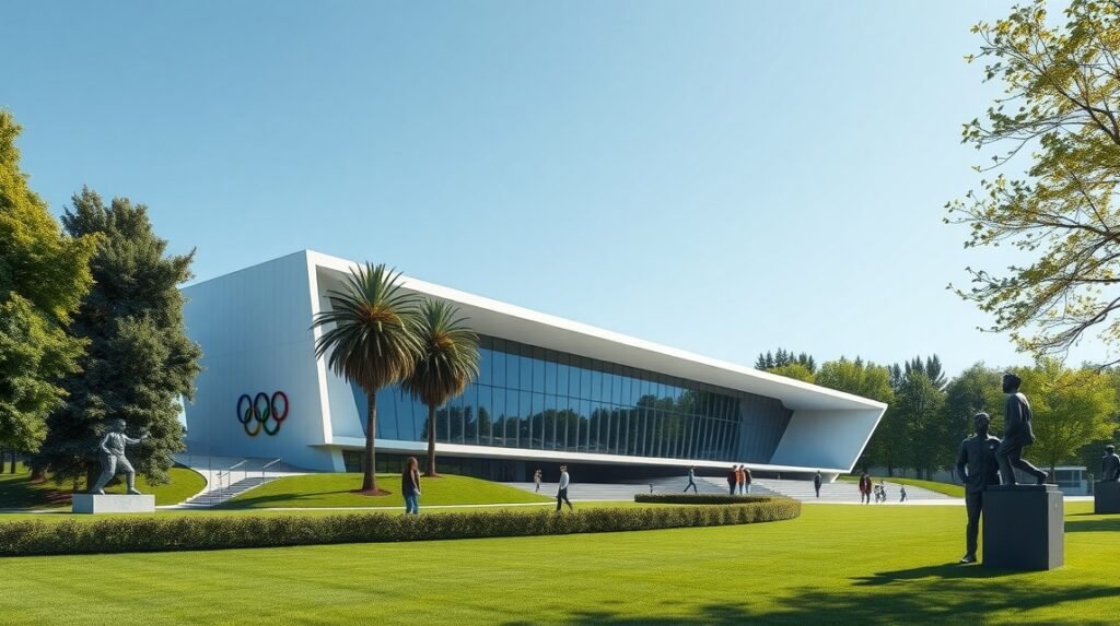 Az Olimpiai Múzeum modern épülete Lausanne-ban, gyönyörű zöld környezetben.