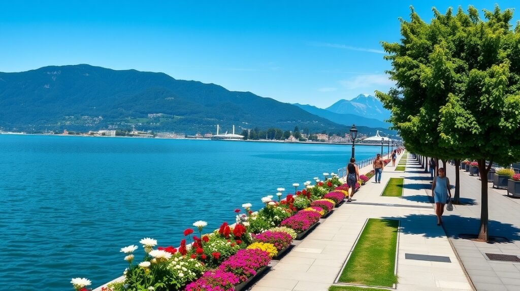 Ouchy sétány a Genfi-tó partján, virágokkal és pálmafákkal