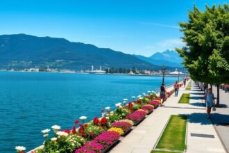 Ouchy sétány a Genfi-tó partján, virágokkal és pálmafákkal