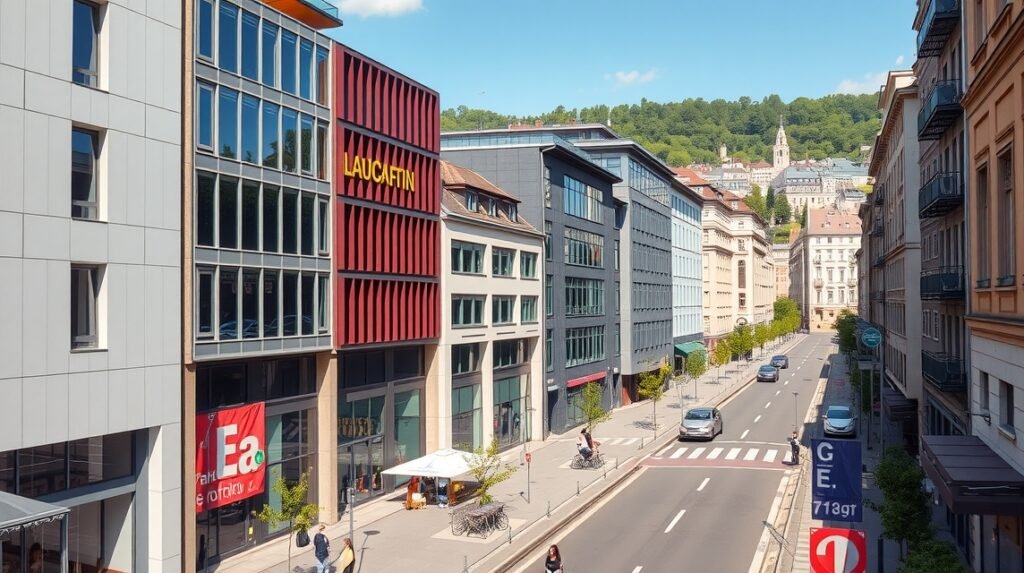 Lausanne Flon negyed modern építészete és pezsgő városi élet